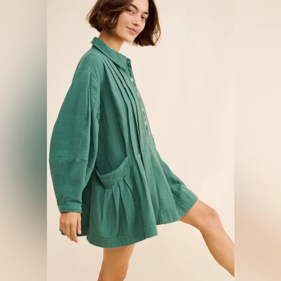 Free People Thalia Mini Shirtdress S Pullover Jacket Button Oversized Teal Boho - Picture 1 of 16
